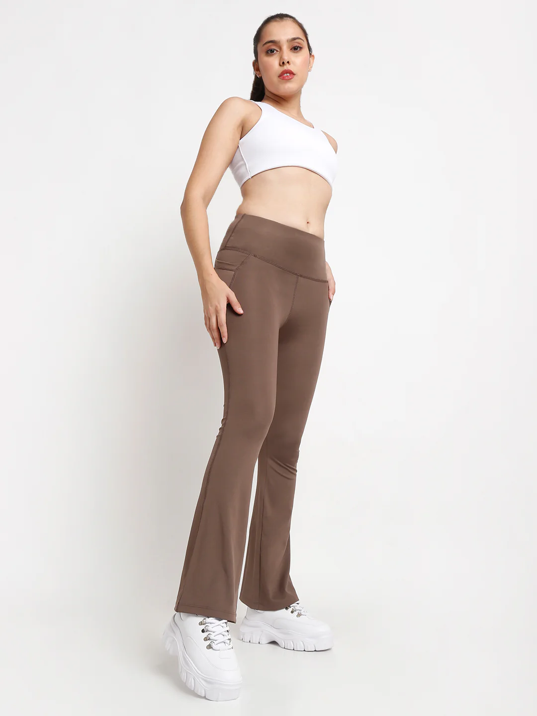 Brown Flare High Waisted Essential Pants With Pockets - Image 6