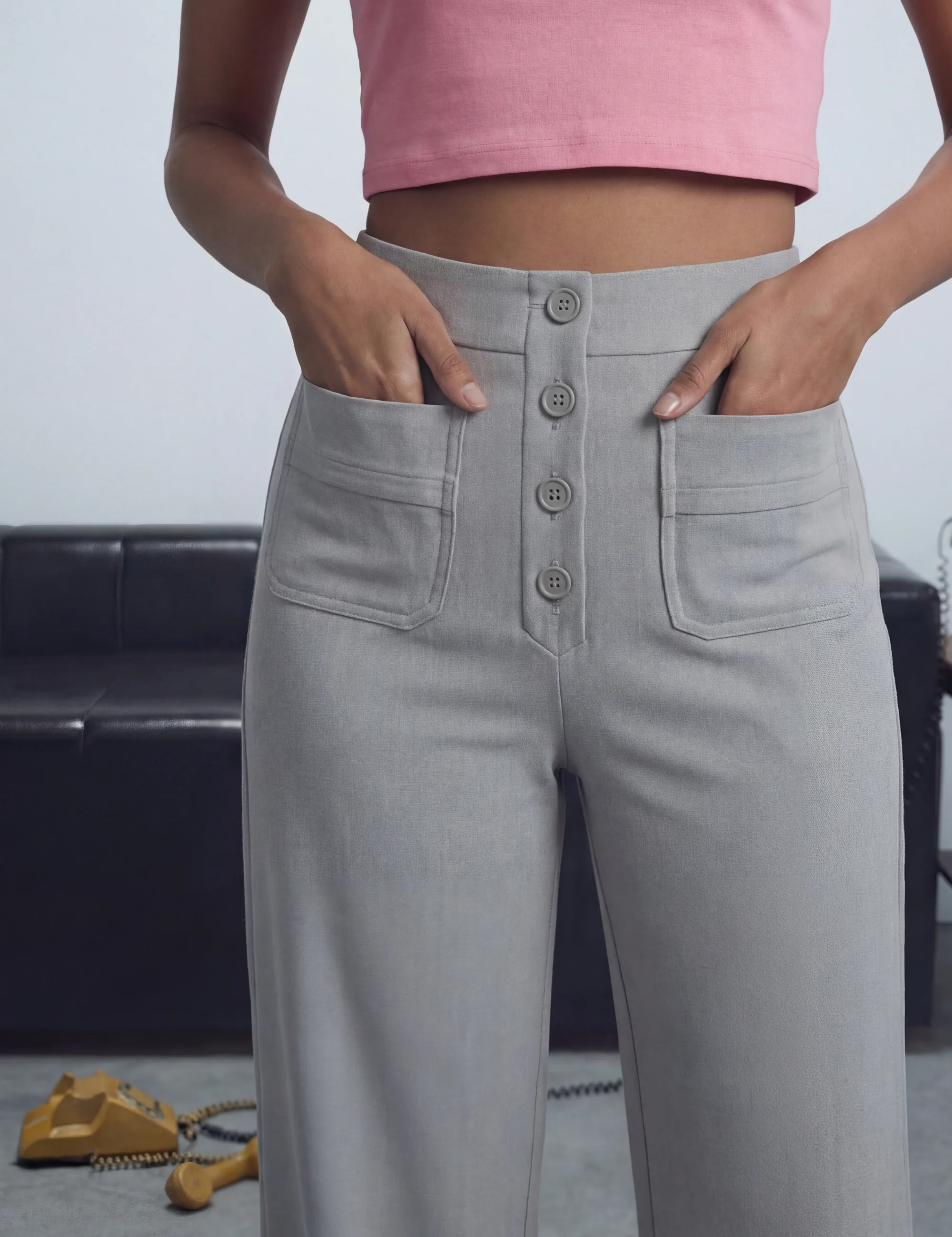 High Waisted Button Multiple Pockets Straight Leg Casual Pants - Image 4