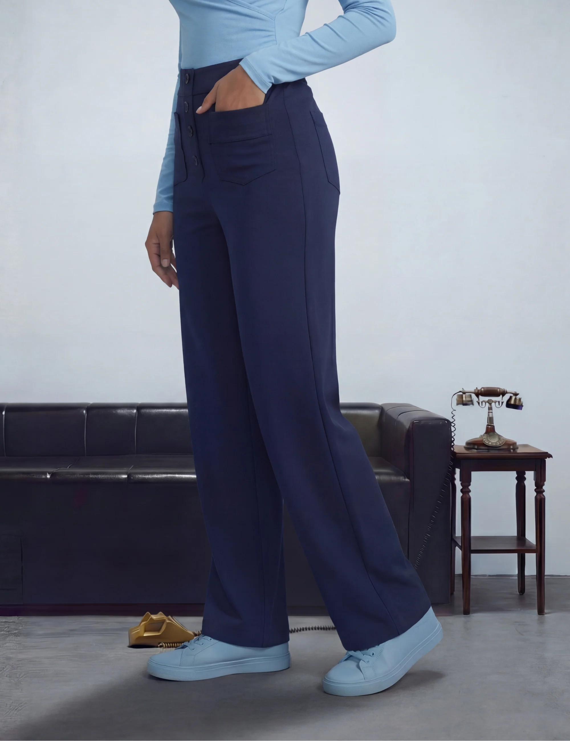 High Waisted Button Multiple Pockets Straight Leg Casual Pants - Image 7