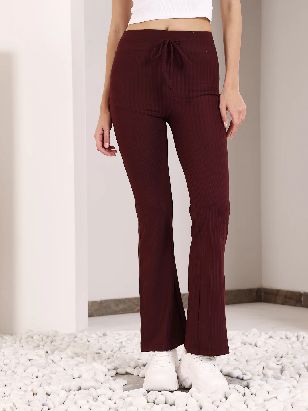 Maroon Rib Drawstring Flare Pants